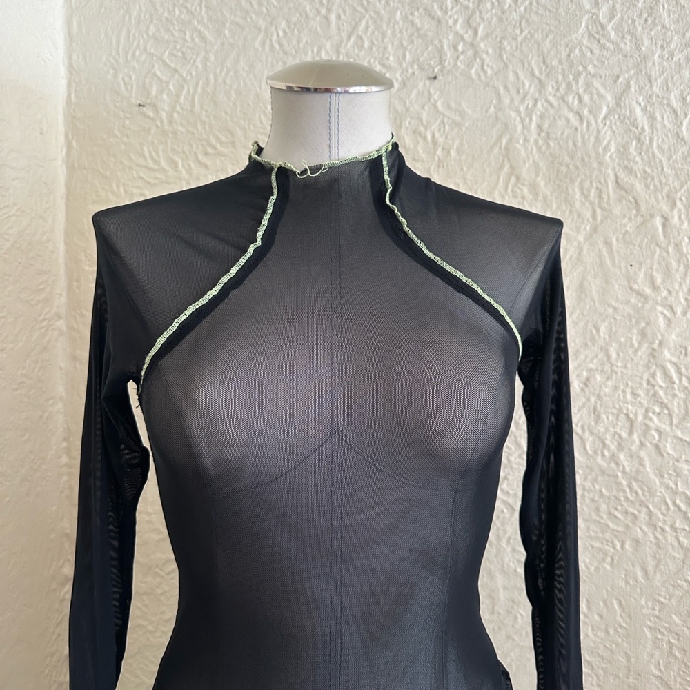 Urban Outfitters Out From Under Sheer Black Mesh Lime Topstitch Long Sleeve Top - Picture 3 of 7